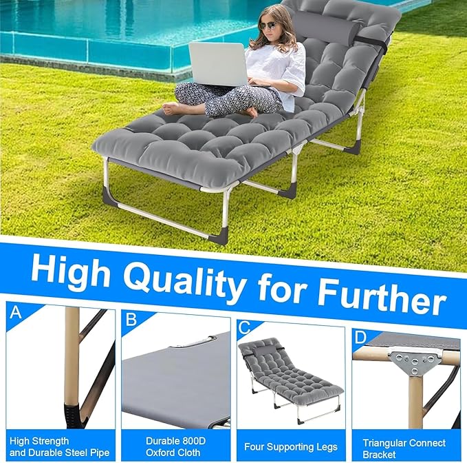 Leo IRis Portable Folding Camping Cot Oversize Adjustable 5-Position Adults Reclining Lounge Chairs with Pillow Heavy Duty Oxford Cloth 600D with Mattress (Gray - Upgrade Bed (with Mat))