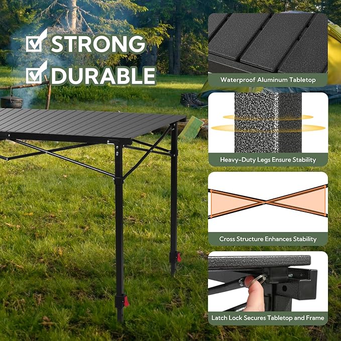 Portable Outdoor Adjustable Height Camping Table Large for 2-6 Person Foldable Roll-up Aluminum Camp Table with Carry Bag for Picnic Camp Sturdy Stable Loads 220 Lbs (Black)