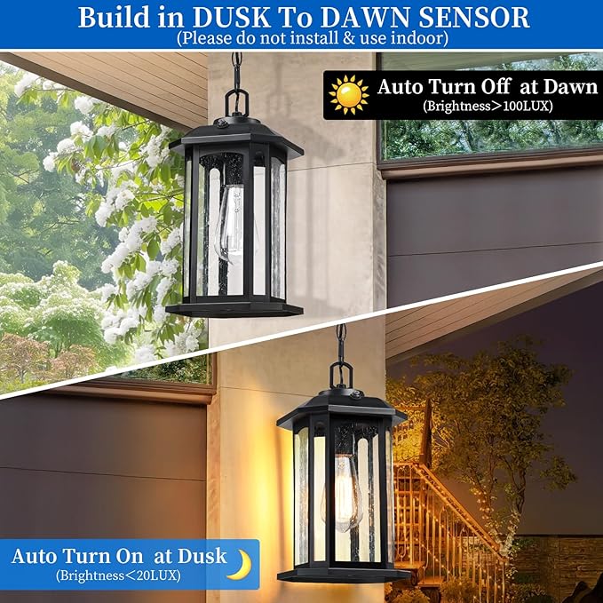 13.4'' Dusk to Dawn Outdoor Pendant Lights for Porch Black Hanging Porch Light with Seeded Glass Waterproof Outdoor Chandelier Farmhouse Ceiling Light Fixture Lanterns 1Pack