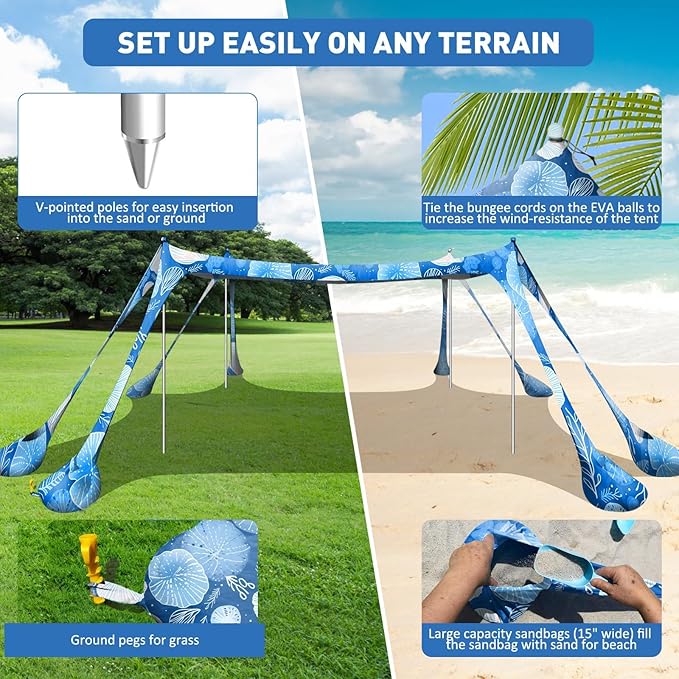 Beach Tent Sun Shelter 10x10ft Beach Canopy Easy Pop Up Sun Shade Portable UPF50+ with 8 Sandbags-2 Sand Shovel-4 Aluminum Poles-Ground Pegs for Outdoor Family Camping Fishing Backyard Picnic