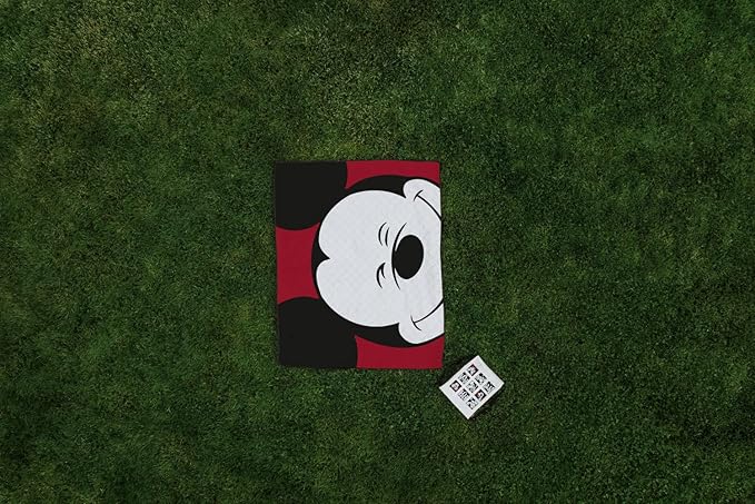 Picnic TIME Disney Mickey Mouse Impresa Picnic Blanket Lightweight Folding Beach Blanket with Carry Backpack Machine Washable Water Resistant Fleece Picnic Mat (Black and White)