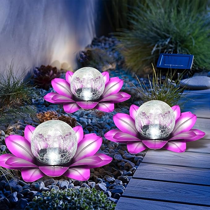 LEWIS&ampWAYNE Solar Garden Lights Outdoor 3 Pcs Purple Lotus Flower Pathway Lamps with Cool White Crackle Glass Globe Led Lights for Patio Pathway Yard Balcony Garden Decorations
