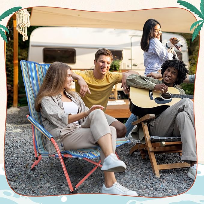 Wenqik 4 Pcs Low Seat Blue Plastic High Back Reclining Beach Chairs with Carry Bag Portable for Outdoor Beach Camping Lawn(Green)