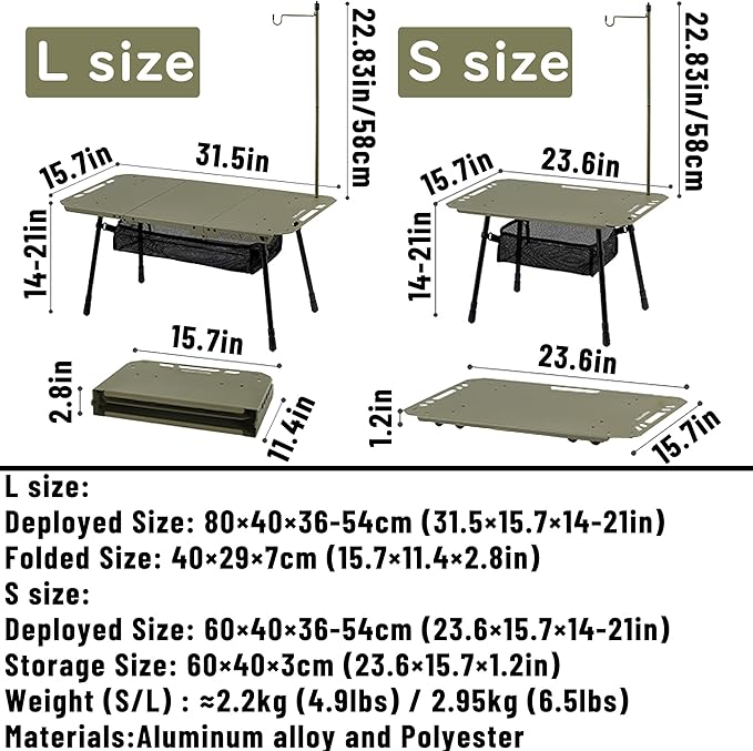 Naturehike Folding Camping Table with Adjustable Height 110lbs Capacity Lightweight Portable Folding Table with Mesh Storage Net &amp Carry Bag for Camping Hiking Beach Picnic Travel (Green L s