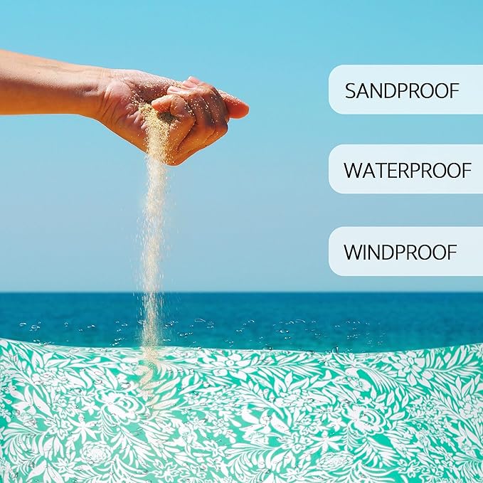Beach Blanket Waterproof Sandproof Beach Mat with 4 Stakes &amp 4 Pockets 78''×86'' Large Compact Lightweight Sand Free Outdoor Essentials for Beach Picnic Travel Camping
