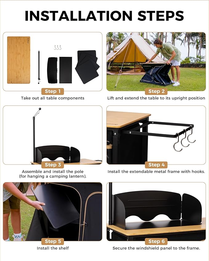 KingCamp Bamboo Camp Kitchen Station Folding Overland Camping Kitchen Table Hooks Portable Outdoor Cooking with Adjustable Lantern Pole &amp Windshield Storage Organizer for Tailgating BBQ Picnic RV