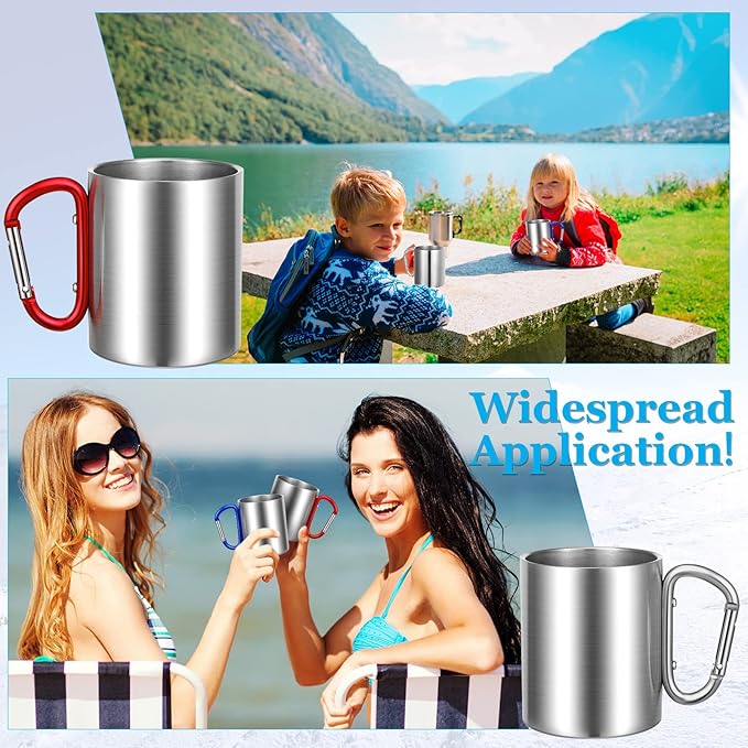 Nuanchu 12 Pcs Insulated Stainless Steel Camping Cup 10 oz Portable Camping Coffee Mug with D Ring Handle Hiking Mug for Home Tea Hot Cold Drinks Outdoor Sports Travel Backpacking Kitchen 3 Styles