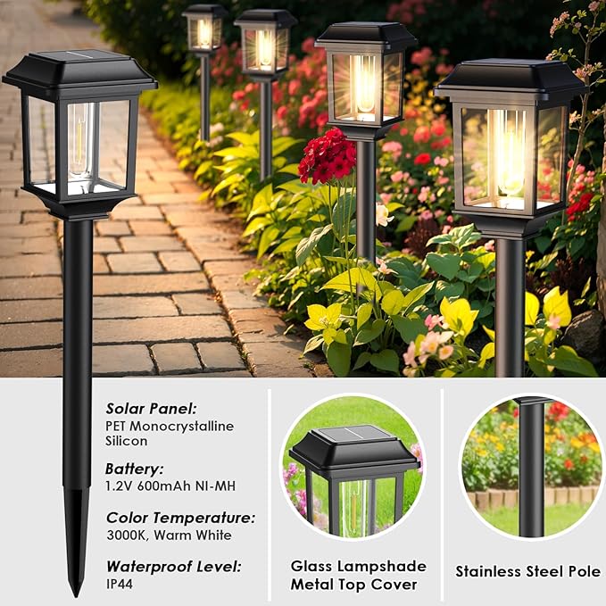 Mancra Solar Outdoor Lights Waterproof 8 Pack Metal Glass Solar Pathway Lights Outdoor Lighting Garden Decor for Landscape Path Yard Patio Driveway (Warm White)
