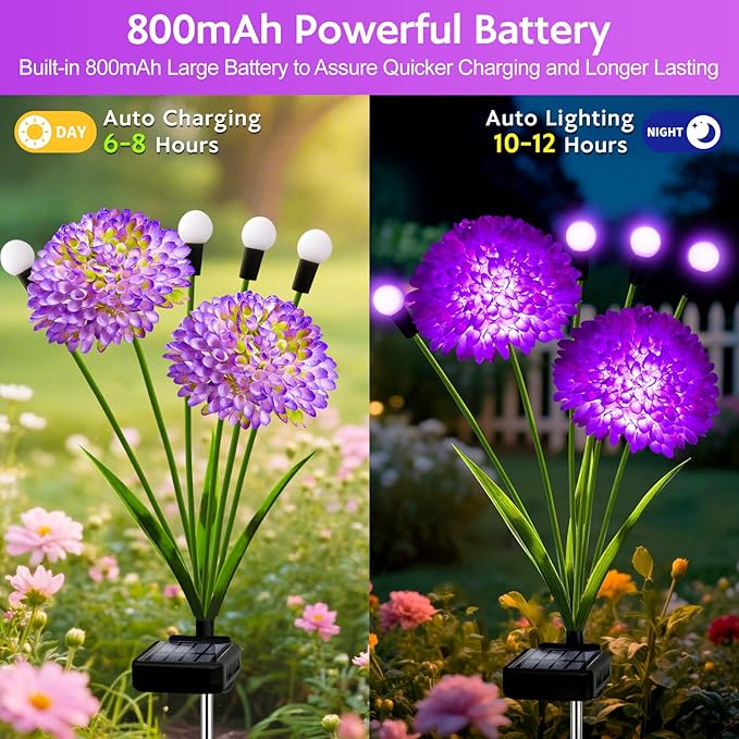 Solar Garden Lights 4 Pack Solar Purple Swaying Firefly Lights with Flowers Waterproof Purple Halloween Flowers Light Outdoor for Garden Patio Yard Fall Decoration Gifts for Women Mother's Day
