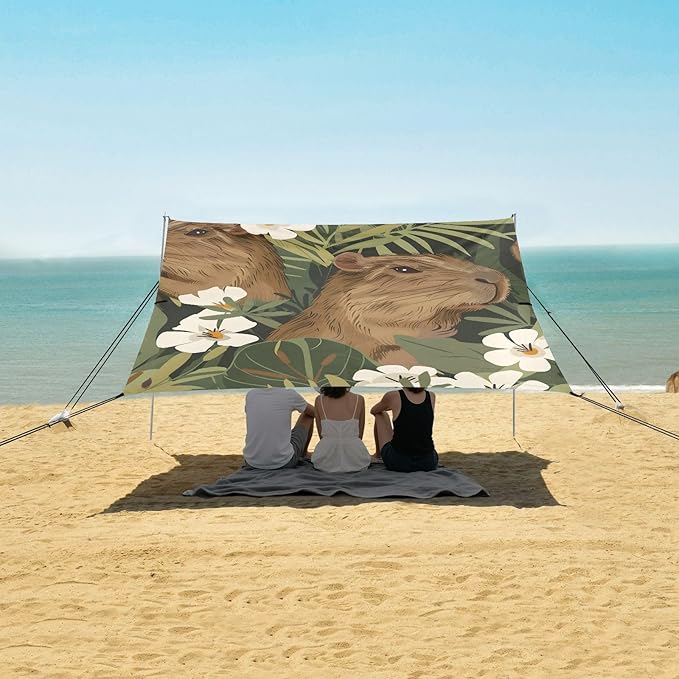Capybara with Her Cub and White Flowers and Leaves Camping Sun Shelter Beach Tent Portable Beach Sun Shade Outdoor Canopy for Camping Trips Fishing Picnic