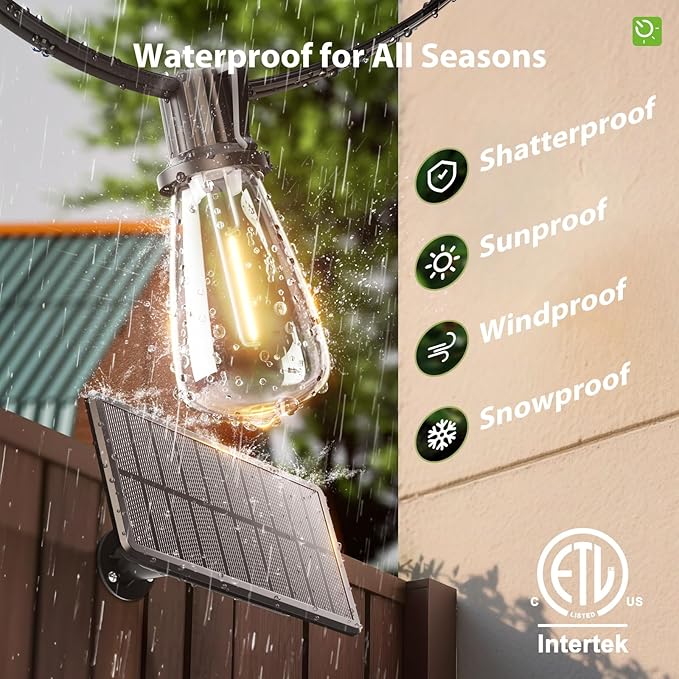 KYY 54FT Solar String Lights Outdoor Waterproof with USB Charging &amp Remote Dimmable &amp Timable Solar Powered Patio Lights with LED Shatterproof Bulbs for Deck Backyard Porch Garden Camping