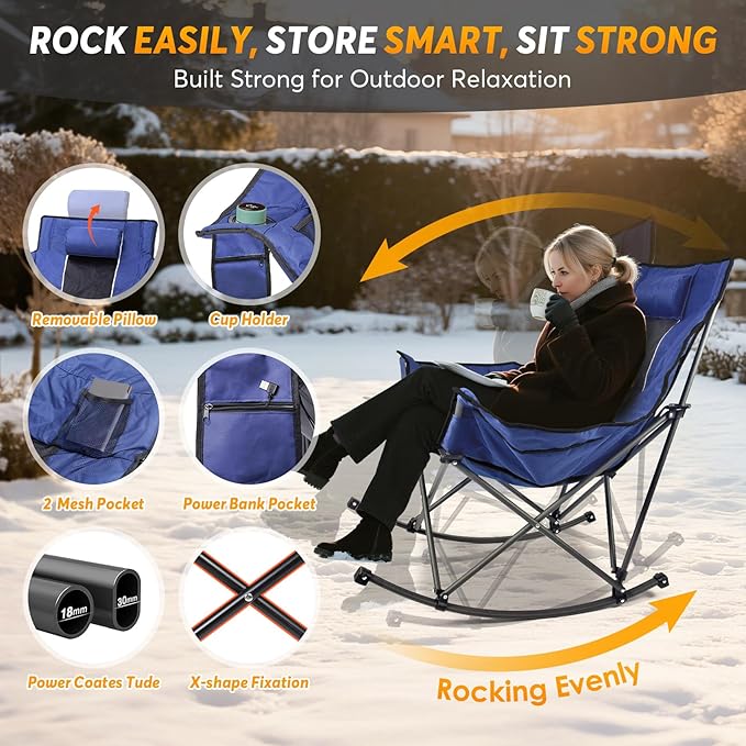 Suteck Heated Rocking Camping Chair - Fully Thicker Padded Heated Chairs for Outdoor Sports W/3 Heat Levels for Back &amp Seat Heated Folding Chair for Adults with Carry Bag- Battery NOT Included