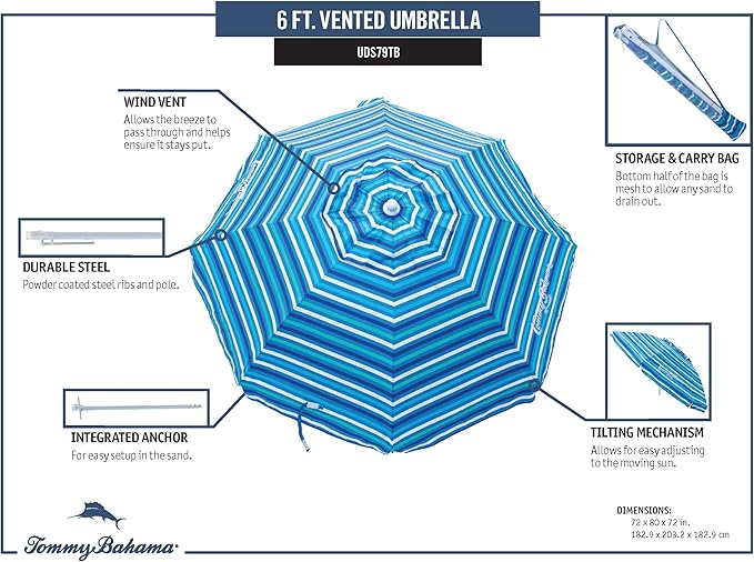 Tommy Bahama 6' UPF 50+ Tilt Beach Umbrella with Integrated Sand Anchor Wind Vent and Carry Bag