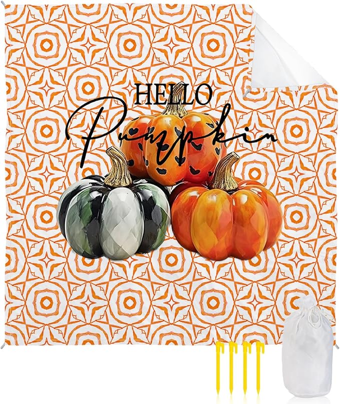 Beach Blanket Waterproof Sandproof Orange Pumpkin Fall Thanksgiving Abstract Geometric Quick Drying Beach Mat with 4 Stakes Autumn Farm Harvest Lightweight Picnic Blanket for Travel 83x79