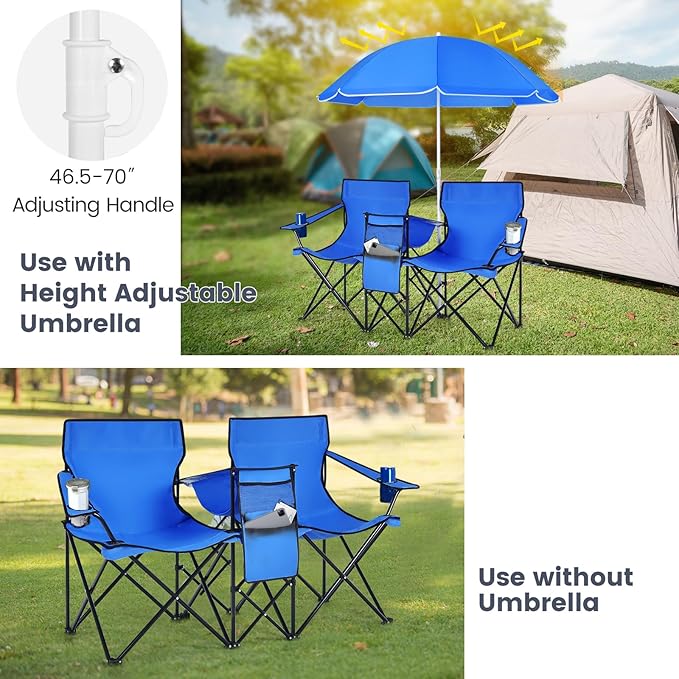 Double Camping Chair with Canopy Folding Camp Chairs w/Cup Holder Cooler &amp Carry Bag Table Side Pocket 2 Person Portable Beach Chair with Umbrella for Picnic Fishing (Blue)