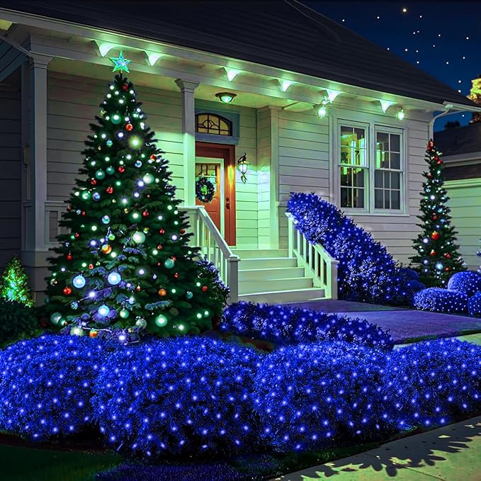 6Ftx4Ft LED Christmas Net Lights Green WireConnectable UL Certified Waterptoof Net Lights for Bushes Trees Shurb Garden Outdoor Christmas Decorations (Blue)
