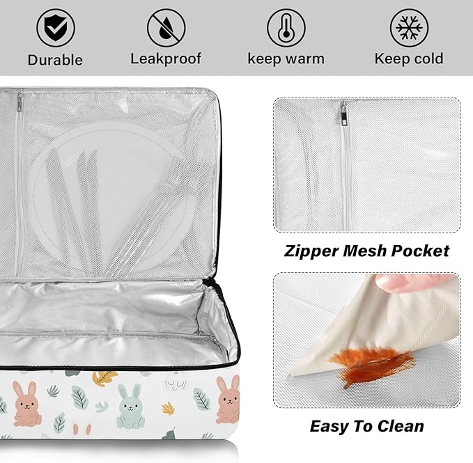 Casserole Carrier Cute Rabbits PatternInsulated Casserole Carrier for Hot or Cold Food Thermal Lunch Tote for Potluck Parties Picnic Beach Fits 9 x 13 Inches Baking Dish