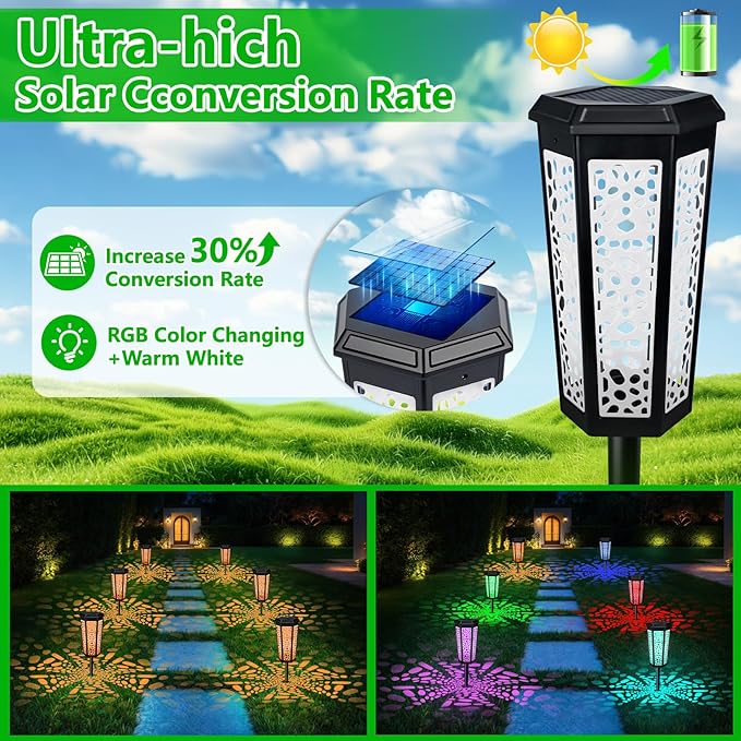 4 Pack Solar Pathway Landscape Lights - RGB Color Changing &amp Warm White Outdoor Waterproof Solar Yard Lights 2 Lighting Modes for Garden Patio Walkway Driveway &amp Sideway