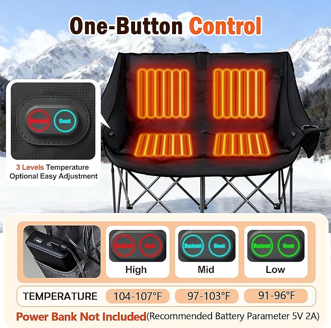 Double Heated Camping Chair Fully Padded Oversized Loverseat Camping Chair w/ 2 x Cup Holder Pillow 2 Person Camping Couch for Outdoor Patio Supports 600lbs Black No Power Bank