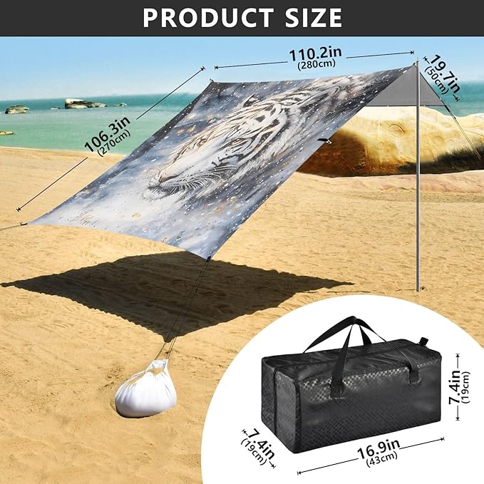 ALAZA White Tiger Beach Tent Sun Shelter UPF50+ Protection Beach Shade Canopy w/ 4 Sandbags for Outdoor Camping Fishing Backyard Fun Picnic 10x9 ft