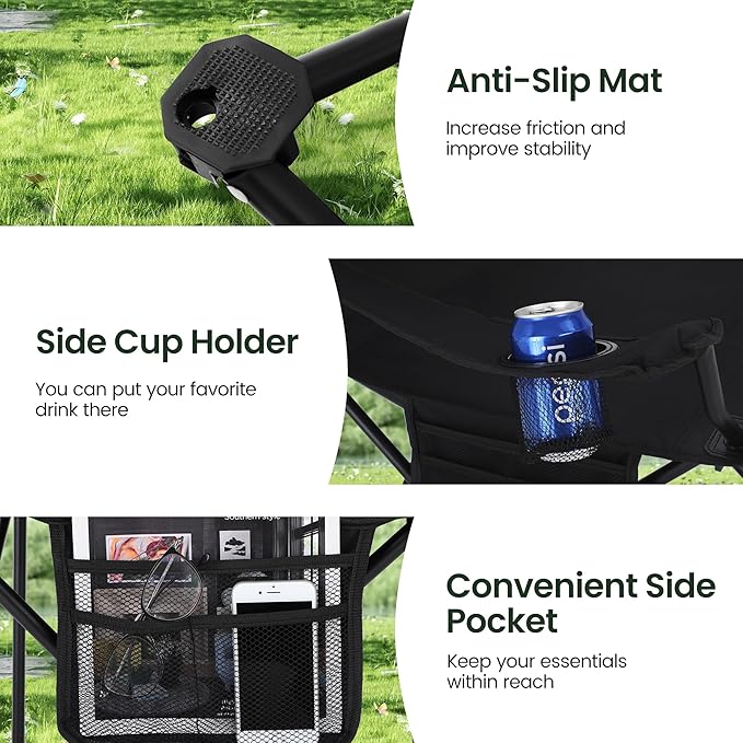 HIGH POINT SPORTS 2 Pack Portable Camping Chair for Adults Folding Outdoor Camp Chair Lightweight Lawn Chairs Folding Collapsible Chair for Camping Tailgates Beach Black Support 250 lbs