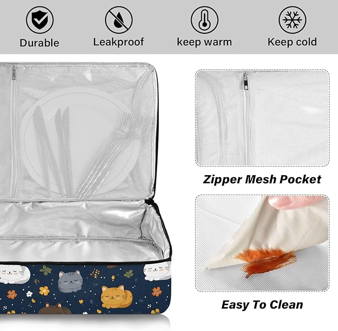 Casserole Carrier Pattern Cute Cartoon CatInsulated Casserole Carrier for Hot or Cold Food Thermal Lunch Tote for Potluck Parties Picnic Beach Fits 9 x 13 Inches Baking Dish