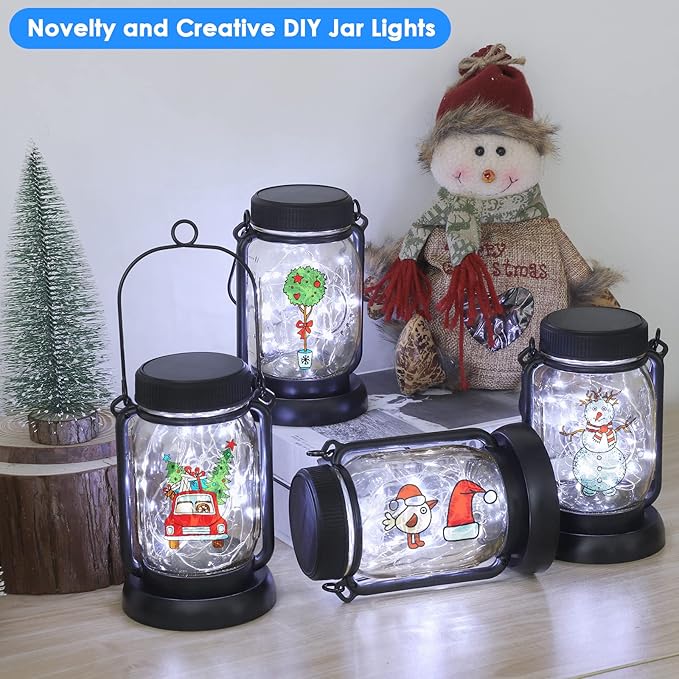 Mlambert Cool White 4 Pack Solar Hanging Mason Jar Lights with Stakes Waterproof Decorative 30 LEDs Outdoor Solar Lantern Lamp Patio Garden Tree Yard