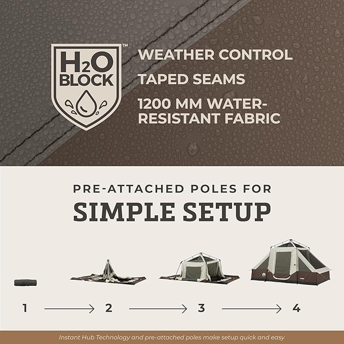 CORE Instant Cabin Tent with LED Lights | Large Family Lighted Pop Up Tent with Carry Bag for Camping Glamping and Backyard Adventures | Included Storage Pockets for Camp Accessories