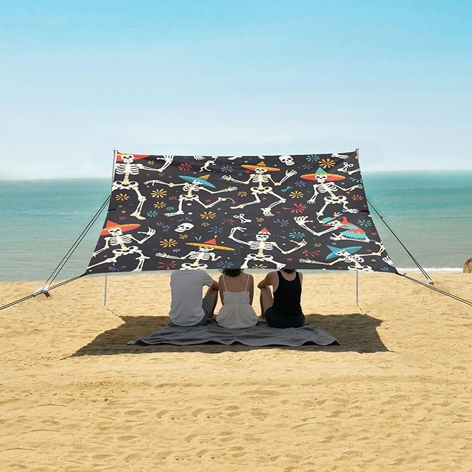 ALAZA Suagr Skull Halloween Beach Tent Sun Shelter UPF50+ Protection Beach Shade Canopy w/ 4 Sandbags for Outdoor Camping Fishing Backyard Fun Picnic 10x9 ft
