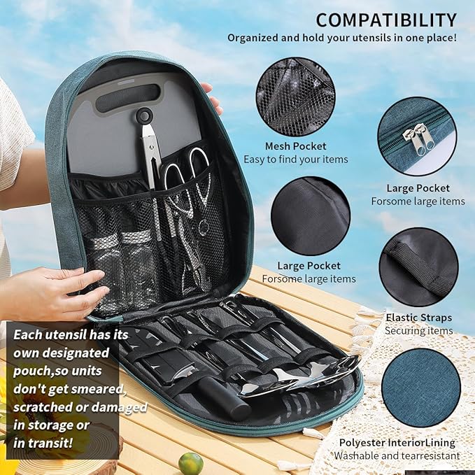 Evanda Camping Kitchen Cooking Utensil Set 10 Piece Stainless Steel Outdoor Cooking and Grilling Utensil Organizer Travel Set Perfect for Travel Camping RVs BBQs Picnics Parties and More