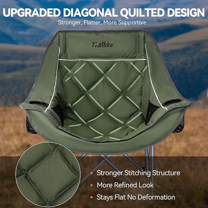 Oversized Camping Chair Portable Folding Padded Camping Chairs with Cup Holder and Carry Bag Heavy Duty Outdoor Camping Chairs for Adults Up to 400Lb for Fishing Sports (Green-2 Pack)