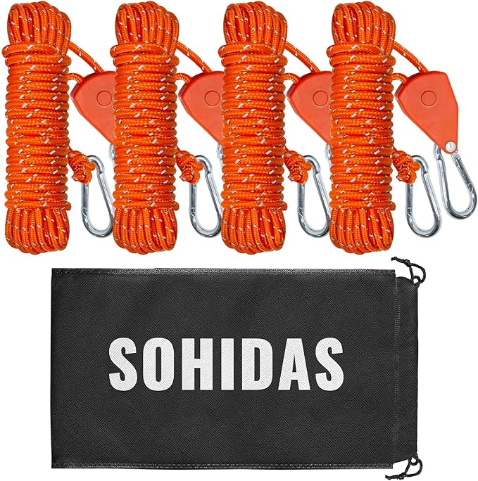 Camping Rope Reflective Tent Rope Guyline with Ratchet Pulley Tarp Tie Down Ropes for Tent Tarp Canopy Shelter Camping 13ft Adjustable Guy Line for Canopy Tent 4 Pack Guy Lines Tents Cords