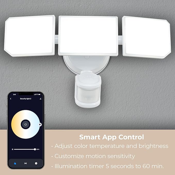 Guardian Smart Flood and Security Wall Light with 3 Lights 3400 Lumens 30 Watts and Programmable Motion and Photo Sensor in White Works with Android or iOS