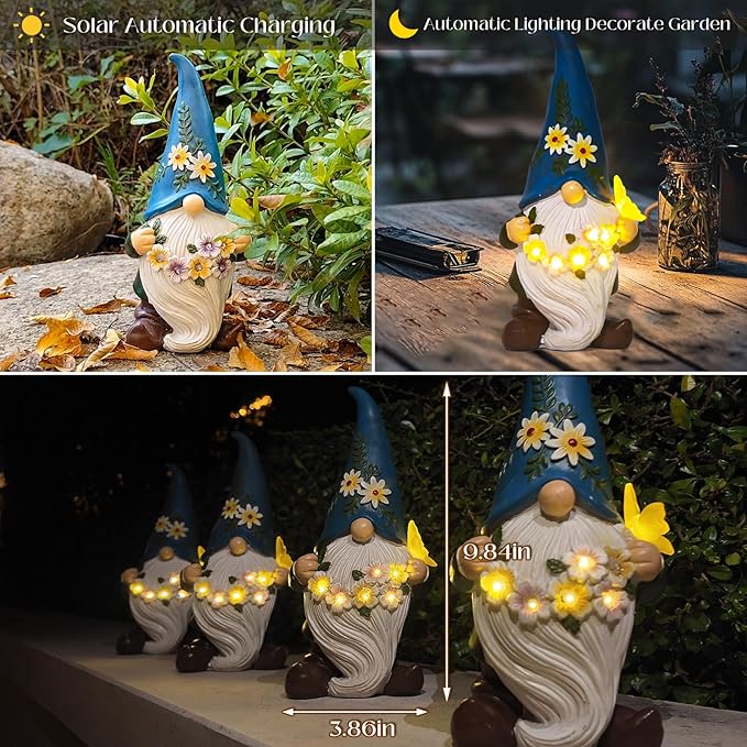 DKJOCKY Gnome Garden Decor Statue with Solar Light Lantern Funny Waterproof Resin Figurine Outdoor Decorations for Yard Patio Lawn Balcony Porch Birthday Gifts for Women Mom Grandma