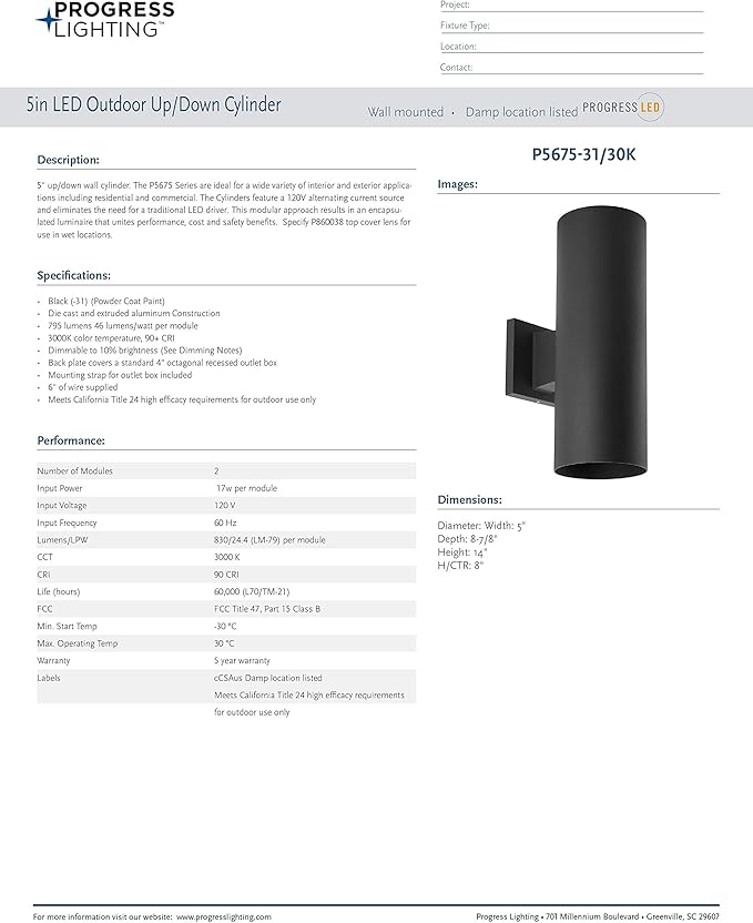 Progress Lighting 5-Inch Cylinder Outdoor LED Wall Sconce 2-Light Modern Wall Mount LED Up and Down Lights Interior and Exterior Lighting for Home or Porch Aluminum Black (P5675-31/30K)