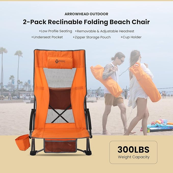 ARROWHEAD OUTDOOR 2-Pack Low Seating + 20° Reclining Folding Beach Chair w/Padded Headrest Foam Armrest Cup Holder Carry Bag 300 LBS Weight Capacity