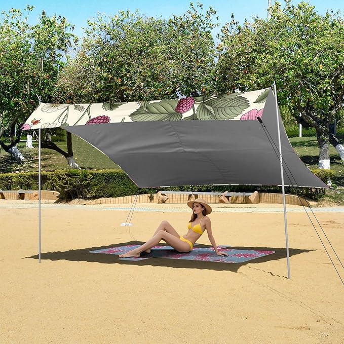 Wild Raspberries Pattern Beach Tent Sun Shelter 9.2' x 10.5' Beach Canopy with 4 Sandbags 4 Stability Poles Sand Shovels - Tent Canopy for Beach Camping Fishing Picnics