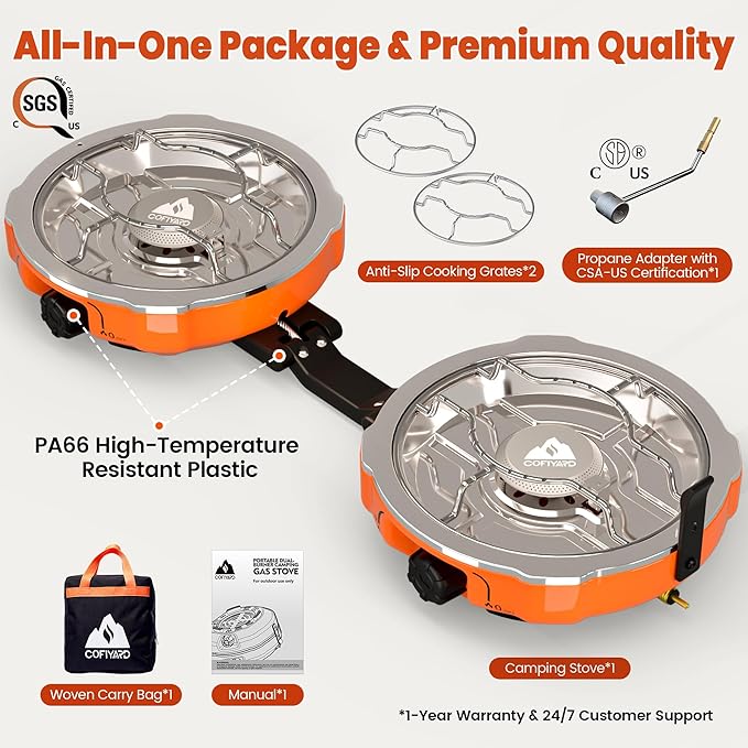 20000 BTUs 2 Burner Propane Camping Stove Portable Folding Camp Stove with Adjustable Burners Regulator and Carrying Bag Dual Gas Stoves Easy Carrying Handle for Tailgating Camping BBQ