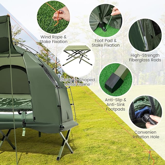 Goplus Camping Tent Cot 5-in-1 Folding Camping Bed with Air Mattress Pillow Sleeping Bag Waterproof Elevated Tent Shelter Portable Outdoor Sleeping Cot with Carry Bag for Picnic Trip