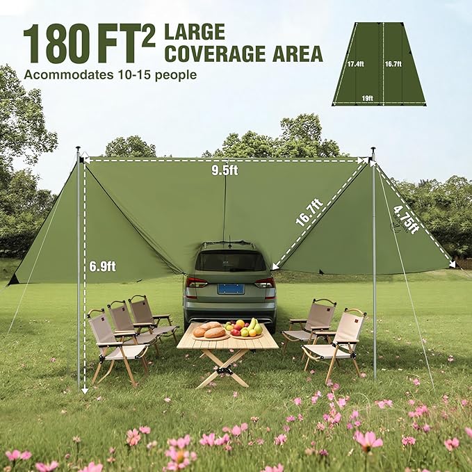 REDACMP 19ft x17ft Large Car Awning Tarp with 2 Poles &amp 2 Suction Cup Hooks Waterproof Camping Tarp Hammock Rain Fly with UV Protection Sun Shelter for SUVVanOverland CampingTailgate CanopyGr