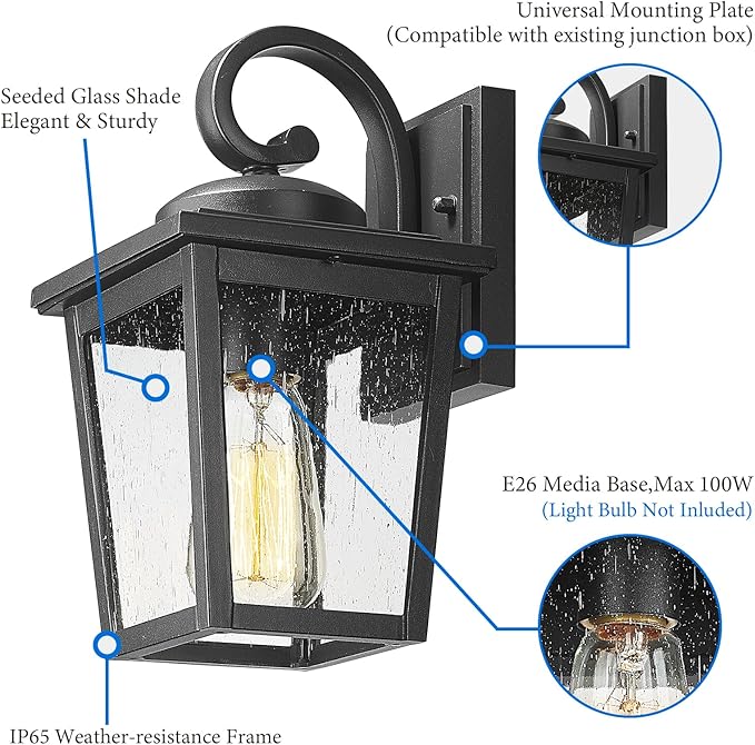 Outdoor Light Fixtures Wall Mount Waterproof Exterior Wall Lanterns with Seeded Glass Outside Wall Sconces Front Porch Lights for House Garage Doorway Patio