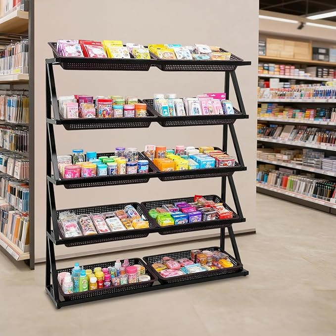 5-Tier Retail Display Rack Market Shelf Snack Rack with Adjustable Feet Supermarket Retail Display Stand with Metal Frame for Home Restaurants and Fruit Stores 47.24x13.78x59.06in