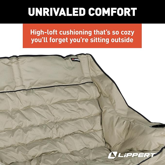 Lippert Big Bear Sand Folding Camping Loveseat with 500-lb. Weight Capacity Durable Mesh Fabrics High-Loft Cushioning Dual Cupholders Storage Pocket Zippered Carrying Bag - 2023053718