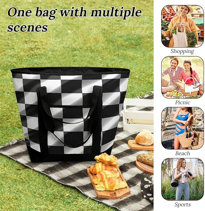 Insulated Shopping BagLarge Reusable Cooler Bags Black White Race Checkered Flag Printed Foldable Shopping BagTravel Waterproof Shoulder Bag