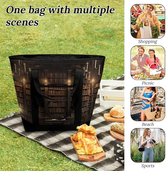 Insulated Shopping BagLarge Reusable Cooler Bags Book Room Mysterious Library Printed Foldable Shopping BagTravel Waterproof Shoulder Bag