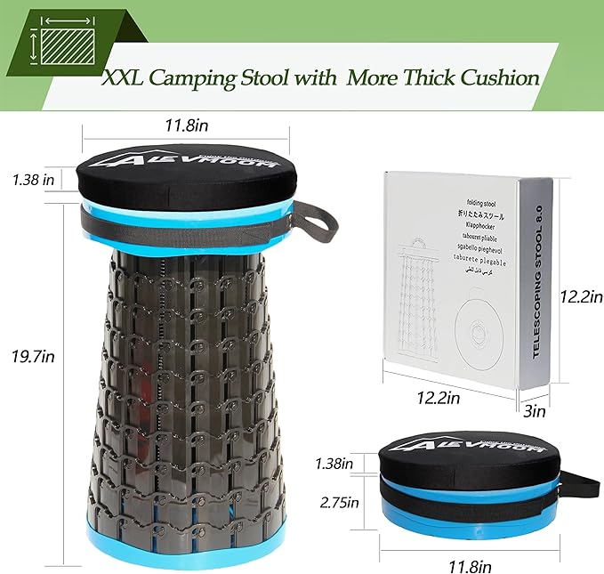 ALEVMOOM Upgraded XXL Collapsible Stool with Thick Cushion 19.71000lbs Max WeightWider &amp Taller Pop Up Seat Heavy Duty Portable Retractable Folding Chair or Travel Foot Rest for Camping &amp