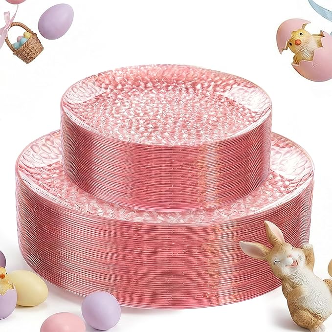 Rubtlamp 60PCS Pink Plastic Plates Disposable Pink Easter Plates with Hammered Design Heavy Duty Plastic Platos Fancy Party Platos Include 30 Dessert Plate &amp 30 Dinner Plate for Bridal Wedding