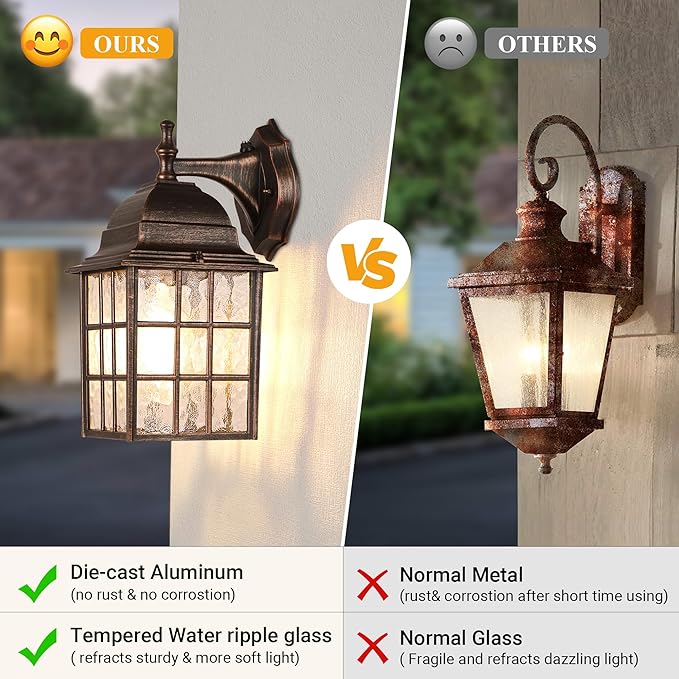 Farmhouse Exterior Light Fixtures - Sensor Dusk to Dawn Outdoor Porch Lights Black Brush Gold Wall Sconce Outside Wall Lantern for Front Door Garage 2 Pack