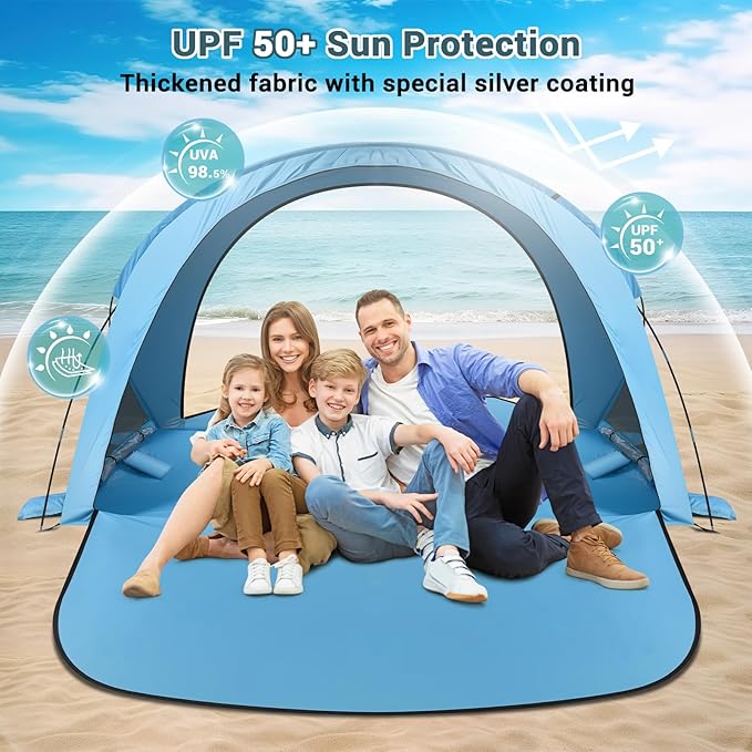 Beach Tent Sun Shelter Beach Tent with Beach Mat Set 4 Person Portable Beach Shade Canopy with UPF 50＋ UV Protection Dual-Door Ventilation Design Easy Setup Family Beach Umbrella (Blue)