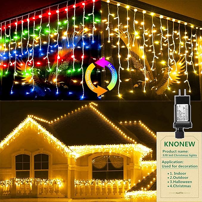 KNONEW Christmas Lights Outdoor Color Changing 400 LED 33ft 11 Modes Curtain Fairy String Light with 75 Drops Clear Wire LED Lights for Wedding Party Holiday Christmas (Warm White to Multicolor)